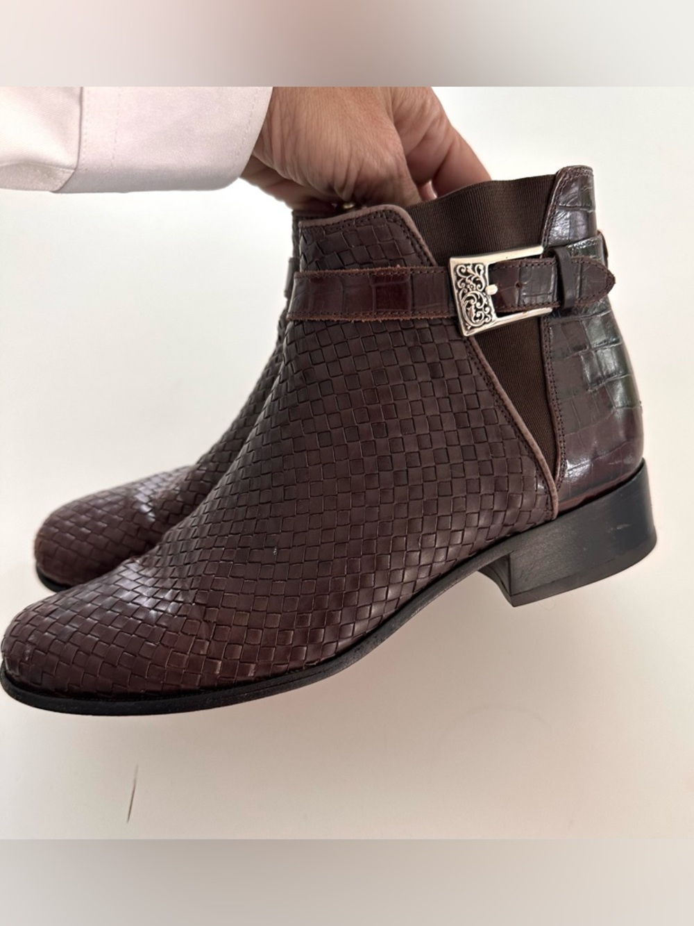 Brighton Winona Brown Woven Leather Ankle Booties Size 7.5 M